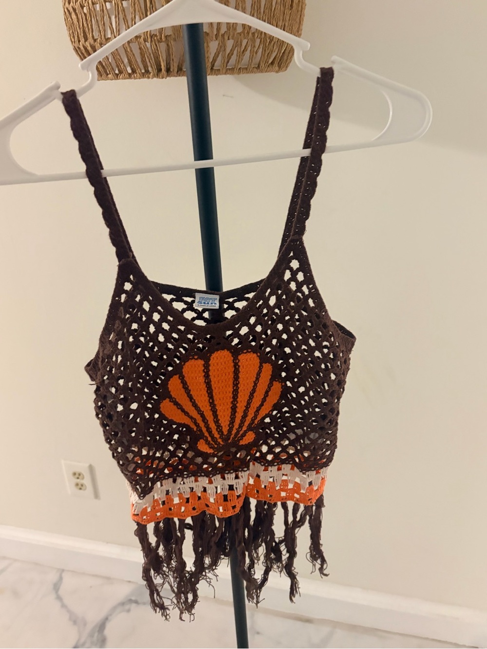 FCT Sun Crochet Shell Crop Top in Brown & Orange